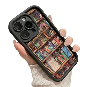 Cartoon Bookshelf Pattern TPU Phone Case for iPhone 16 15 14 Pro Max 13 12 11 XR XS Plus Shockproof Non Slip Military-Grade Protective Silicone Cover