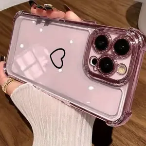 Heart Pattern Four Corner Anti-Fall Phone Case Transparent Electroplated Protective Cover for iPhone 16 Pro Max 15 Plus 14 13 12 11 E