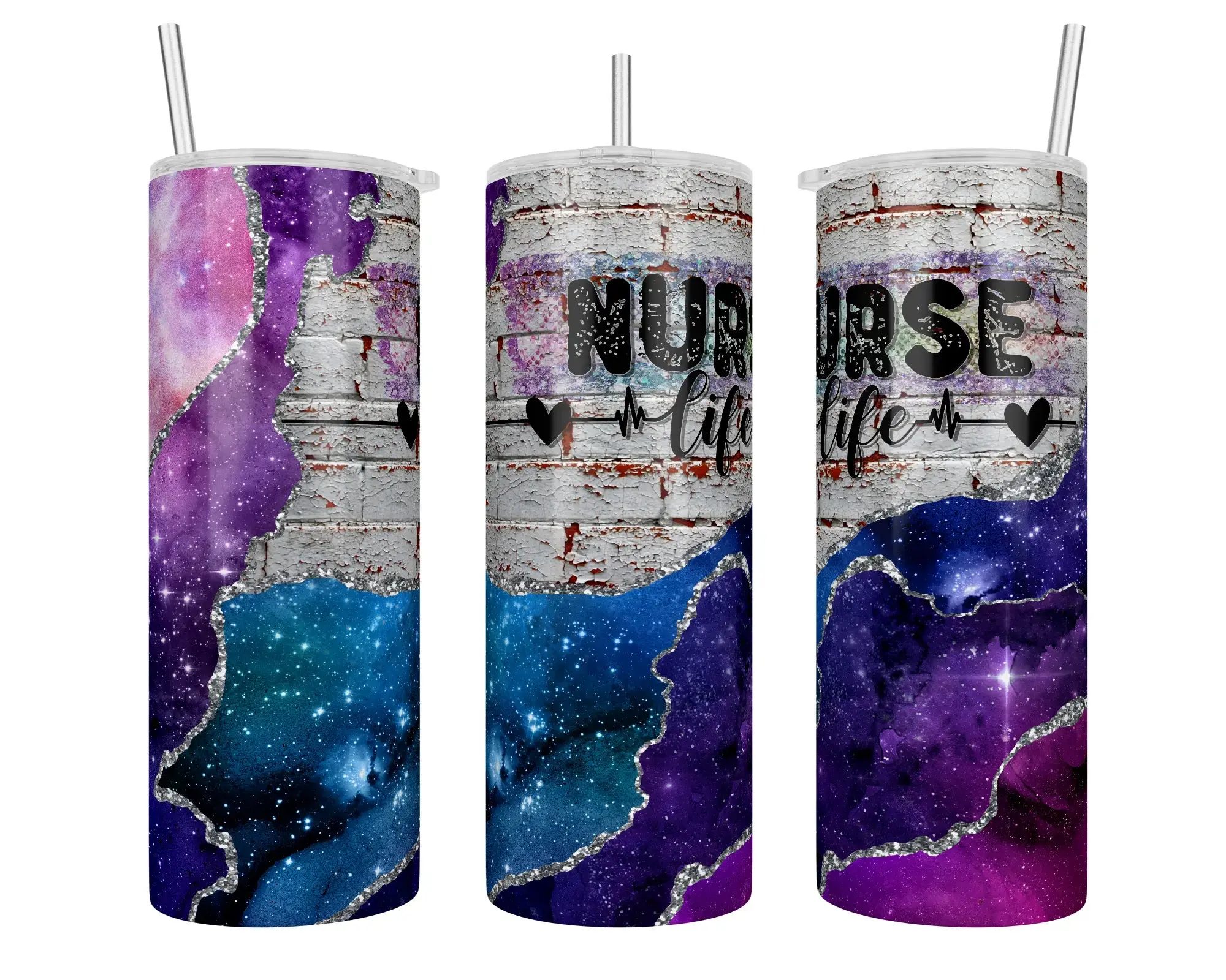 20 oz Skinny Handmade Nurse Life Cosmic Sublimation Tumbler Double-Wall Stainless Steel Vacuum Insulated with Sliding Cover for Straw Insert BPA Free