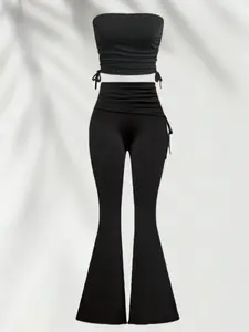 Spring Summer Sleeveless Halter Cropped Top, Side Gathered Tie Belt, Slimming Waist, Casual Pure Color Chic, Comfortable Leg Shaping Bell Pants Set Women