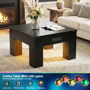 31.5" Square Coffee Table for Living Room, with Power Outlet and LED Lights, Modern Center Table with Sturdy Wooden Legs, Easy Assembly