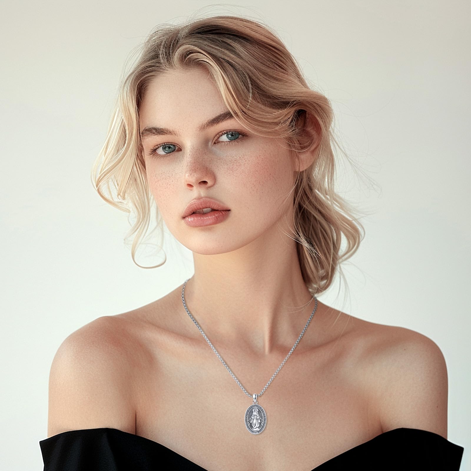 Audinceed Miraculous Medal Necklace for Women, 925 Sterling Silver Saint of Faith and Divine Catholic Medal Pendant Amulet Religious Jewelry Gift