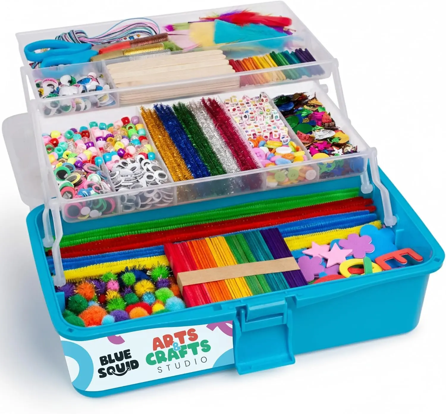 Blue Squid Arts & Crafts Box (Blue)- 2800+ pcs Deluxe Craft Supplies Box, 2 Drawers, 18 Compartments, Sturdy Handle - Art Crafting Kit Birthday Gifts