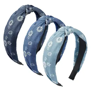 3- Wide Denim Knotted Headbands for Women and Girls, Top Knot Blue Cloth Headband, Non-Slip Fashion Hairbands Hair Accessories (Printed Style)