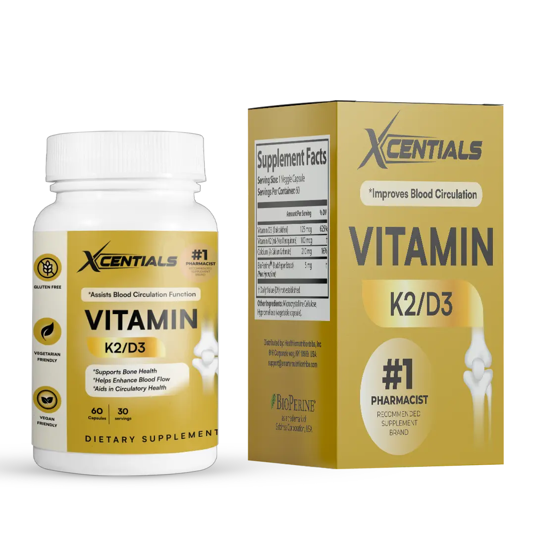 Xcentials Vitamin K2/D3 - 60 Capsules for Bone & Heart Health - Gluten-Free, Vegetarian, Vegan Friendly - Improves Blood Circulation & Boosts Immune System - Healthcare - Natural