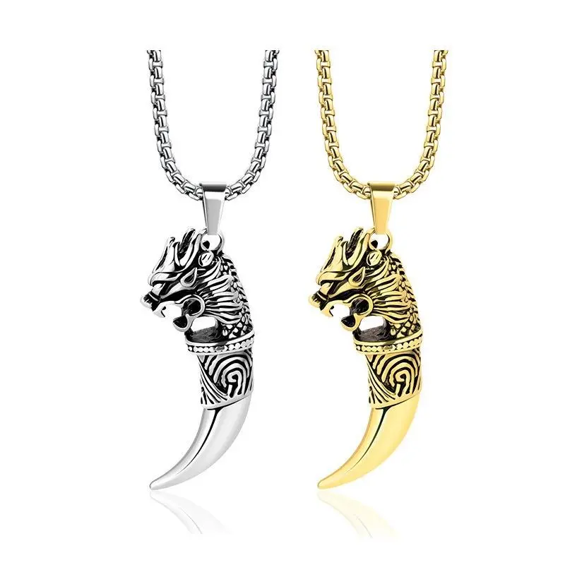 Bold Dragon Head Tooth Pendant Necklace, 2-Tone Stainless Steel Jewelry Statement Piece