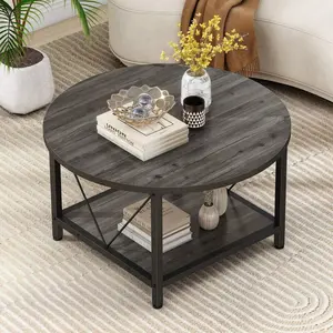 Round Coffee Table For Living Room,Rustic Circle Coffee Table With Storage Shelf, 2-Tier Industrial Modern Coffee Table Center Table For Living Room Easy To Assemble, Grey