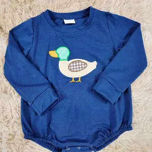 Long sleeves duck embroidery blue printed bubble baby romper
