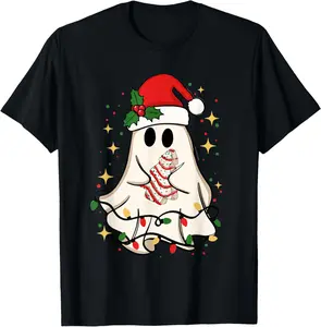 Cute Ghost Lights Tree Cake Merry Christmas Funny Xmas T-Shirt Pure Cotton Graphic Tees Menswear Top: Gifts for Men & Women