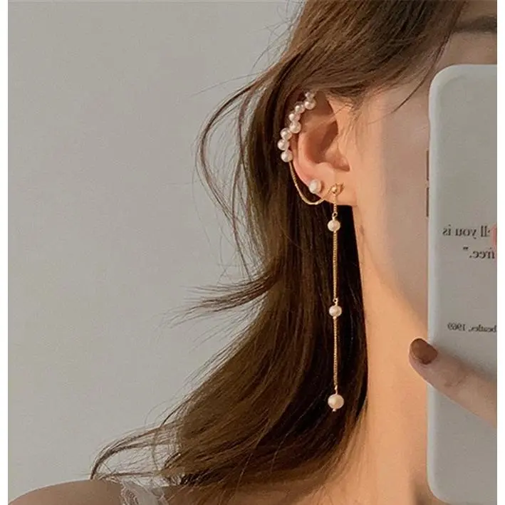 Pearl Cluster Mismatched Cuff Earrings | Long Drop Dainty Gold Pearl Dangly Ear Wrap Ear Climber