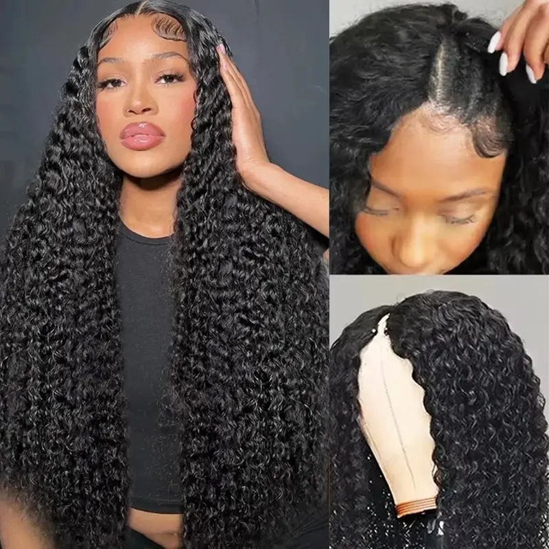 Bling Hair V Part Wig Human Hair Kinky Curly Upgrade U Part Human Hair Wigs with Drawstring V Part Shape Clip in No Leave Out Wig Glueless for Black Women Beginner Friendly 180% Density Natural Black