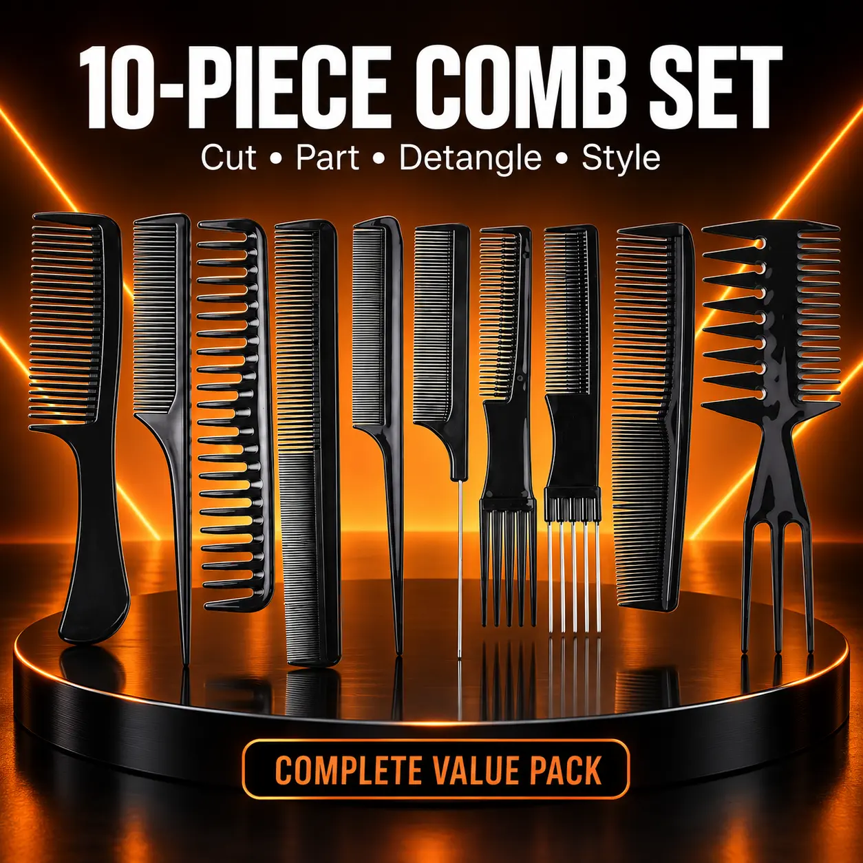 10 Piece Professional Hair Comb Set with Rat Tail Wide and Fine Tooth Barber Combs and Hair Picks for Parting Detangling Cutting and Styling for Women and Men at Home or Salon