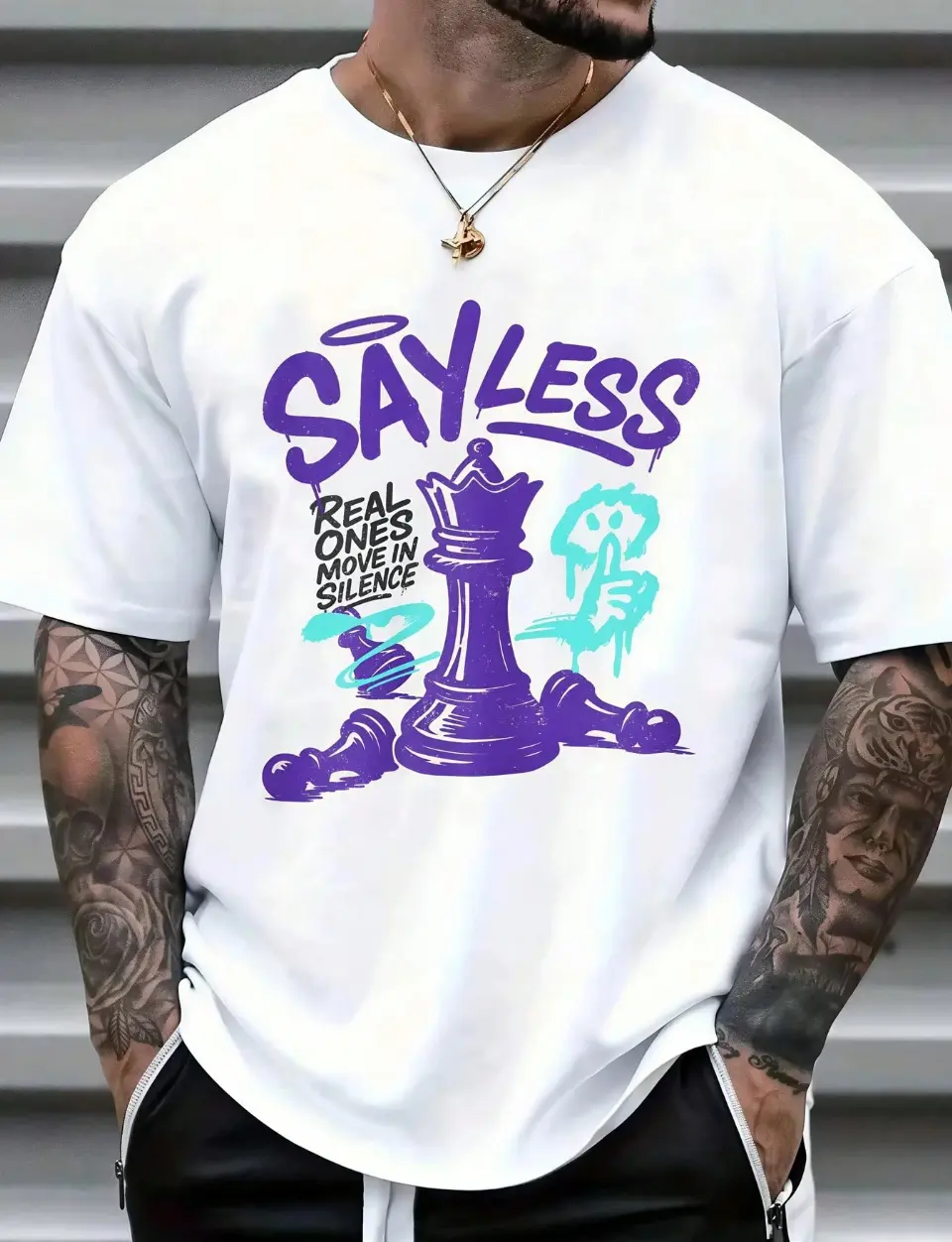 Mens Chess King Graffiti Print Short-Sleeve Crew Neck T-Shirt, 1pc Regular Fit Medium Stretch Cotton Knit Streetwear Top, Menswear Casual Tee, Shortsleeve