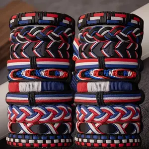 20pcs Red White Blue Handwoven Faux Leather Bracelets Suitable for 4th of July, USA Patriotic Flag Colors Adjustable Wristbands for Men & Women, Independence Day Gifts, Parties, Daily Wear