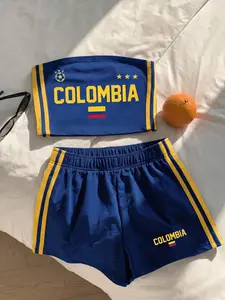 INDYCUP Bandeau Colombia Jersey Set, Flag & Colorful Letter Print Fitted Crop Top And Shorts, Retro, Preppy, Classic, Fashion, Youthful And Street Style. Smooth And Comfortable Fabric
