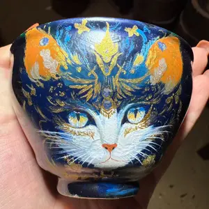 TN Large Enamel Painting Cat Handcrafted Teacup DQ