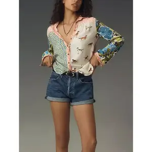 Colorful Boho Floral & Paisley Women’s V-Neck Blouse – Casual Long-Sleeve Button-Up Shirt, Lightweight Blend, Perfect for All Seasons, Allseason Top | Floral Pattern Top | Glossy Texture Finish, Floral Print Blouse