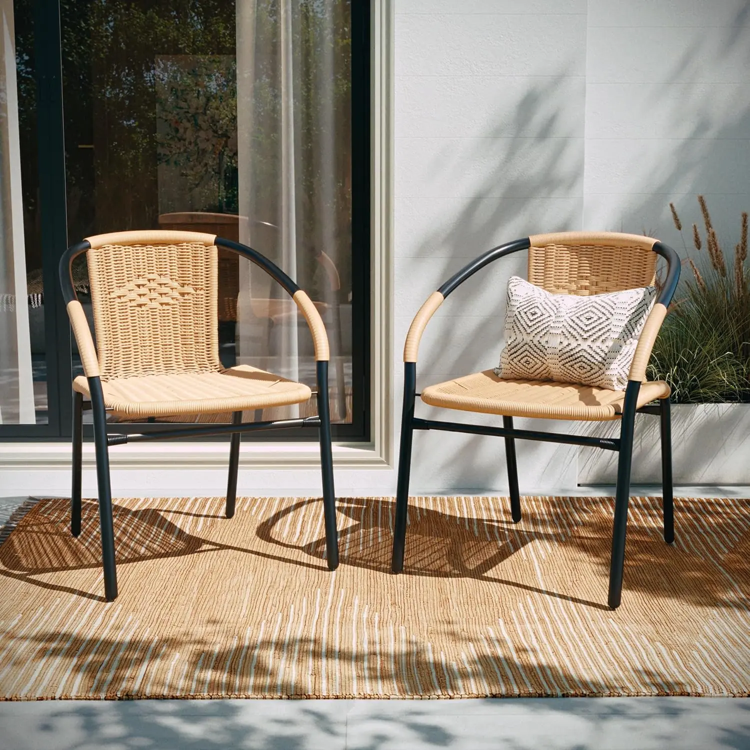 2 Pack Beige Rattan Indoor-Outdoor Restaurant Stack Chair with Curved Back