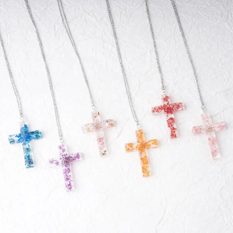 Resin Cross Necklace: Pressed Real Baby's Breath, Transparent,Birthday Gift