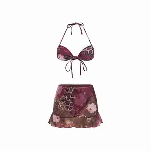 Cider Halter Neckline Leopard & Floral Graphic Knotted Bikini Set With Ruffled Skirt