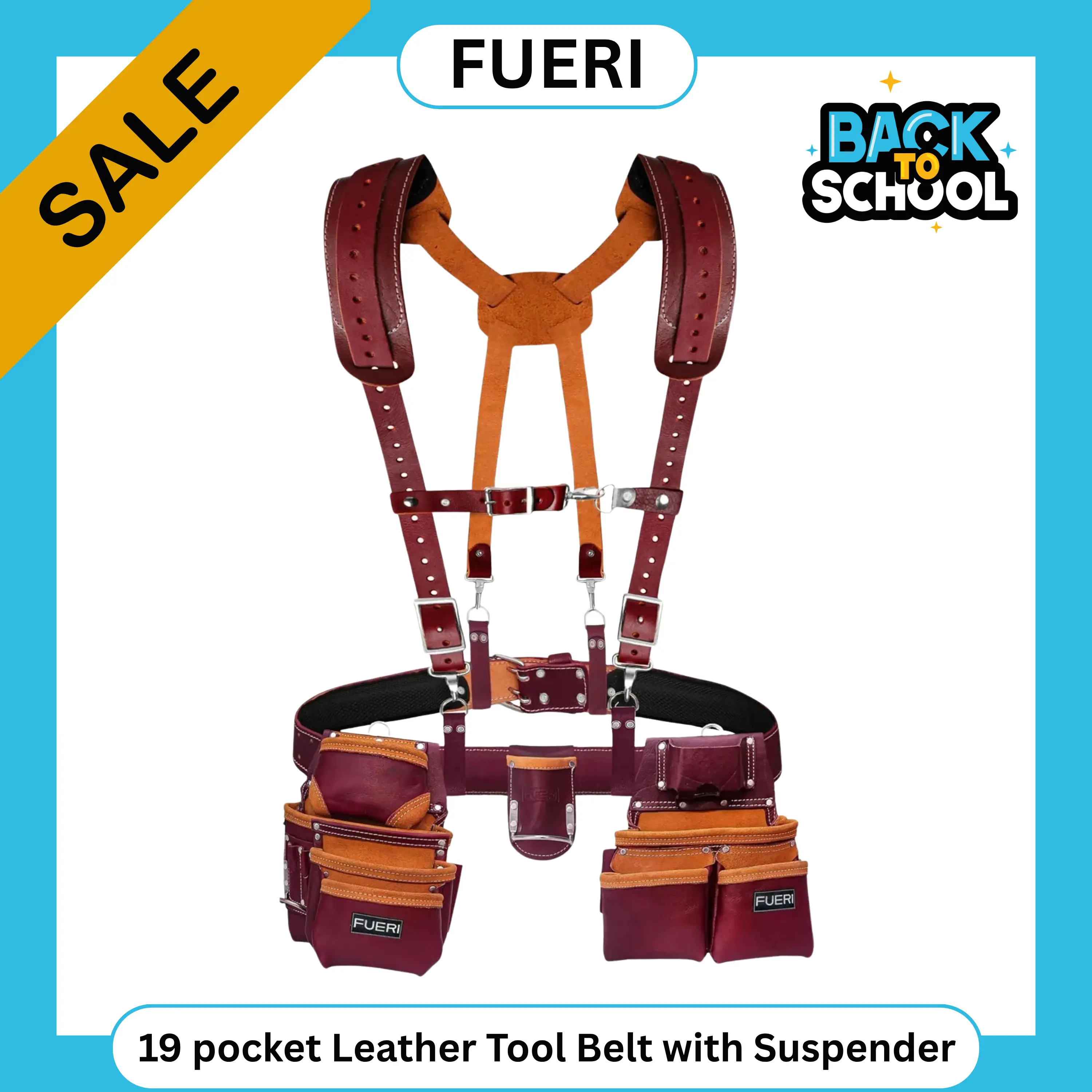 FUERI 19 Pocket Leather Tool Belt with Suspenders,Comes with Padded Belt, Big Pouches, Hammer Holder,Suspender loops and Leather Suspender, Ideal for Construction Workers, Carpenters and Electrician.