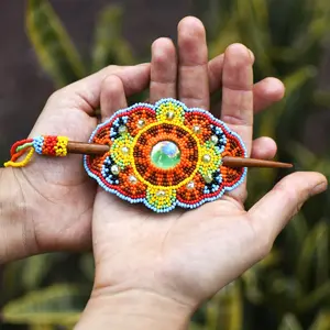 Keshet - Beaded Hair Barrette with Red, Orange, & Yellow Design - Handmade by Indigenous Artisans - Mother Sierra