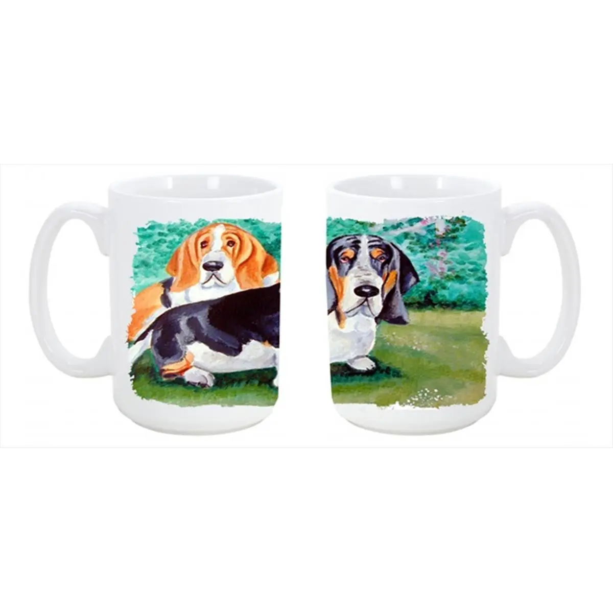 212 MAIN 15 oz Basset Hound Double Trouble Ceramic Mug - Large Kitchen Drinkware, 15oz Coffee Cup, Microwave Safe, Dishwasher Safe