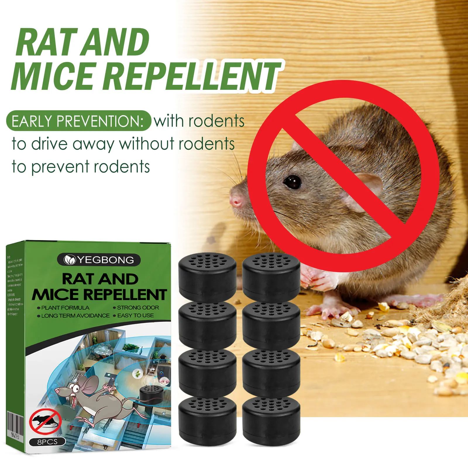 Natural Rodent Repellent Tablets, Plant-Based Fresh Mint Scent Mouse & Rat Deterrent for Outdoor and outdoor, Garage, Car, RV, Storage & Outdoor Use-8-Pack