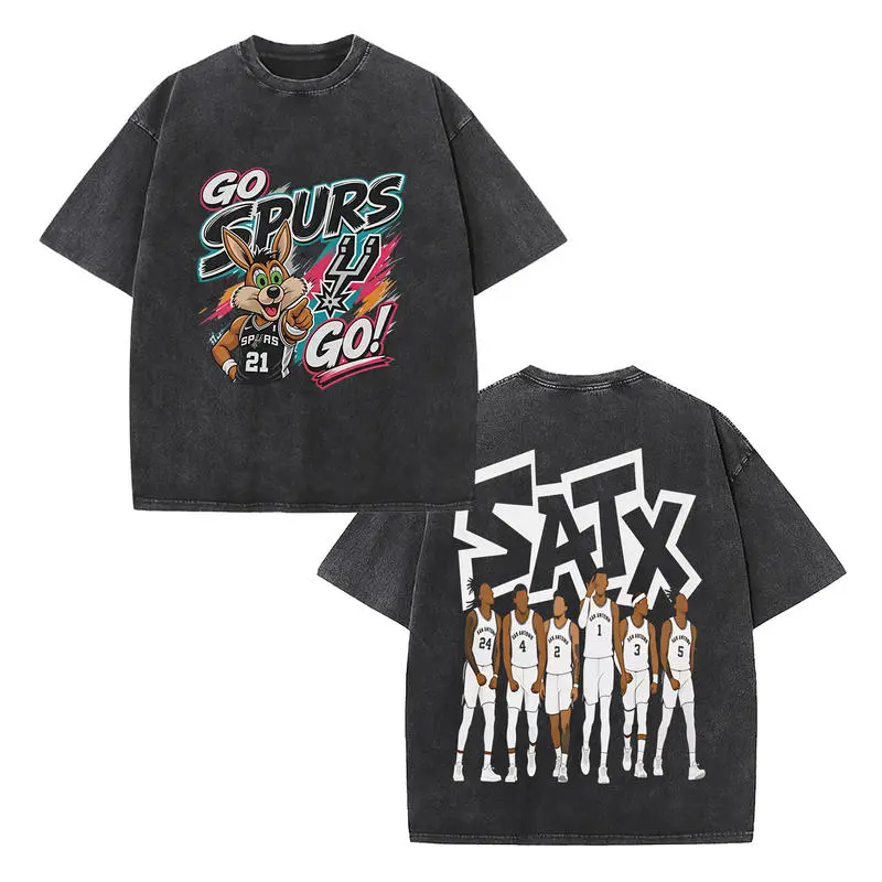 Retro"Go Spurs Go" Double-Sided Vintage Washed T-Shirt, Coyote Mascot & Team Roster Graphic Tee, Oversized Heavyweight Cotton Unisex Streetwear Top, Ideal Gift for Spurs Fans & Basketball Lovers viral tiktok