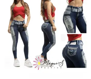 J139-64788-Push Up Colombian Jean High-Waisted Distressed Denim with Patchwork Design for Women