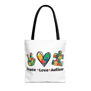 Colorful Autism Awareness Tote Bag - Peace Love Autism, Eco-Friendly Shopping Bag, Autism Support Gift, Puzzle Piece Design, Awareness Event