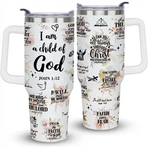 Bible Verse 40oz Insulated Stainless Steel Tumbler with Handle, Christian Scripture Faith Travel Cup, Religious Gift for Women, Baptism Gift for Girls
