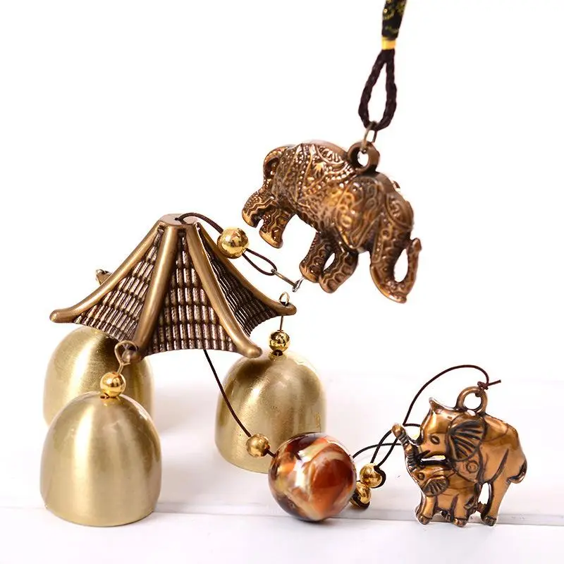 Antique Copper Wind Chime with Elephant and Rhino Statues, Traditional Chinese Pavilion Design, Natural Wind Driven Outdoor Garden Decor Windchimes
