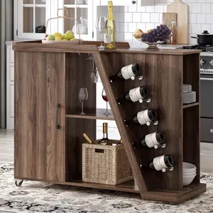 Mobile Kitchen Storage Island on Wheels Unique Z-Shape Kitchen Cart with 5 Wine Holder & Adjustable Shelf Modern 2-Tier Living Room Console Table Sideboard Cabinet for Dining Room (Brown)