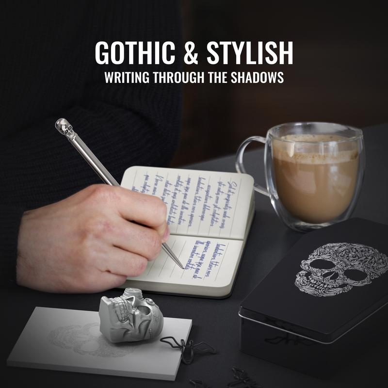 Gothic Skull Stationery Gift Set – Coffin Box with Journal, Pen, Sticky Notes, Magnet, Paper Clips & Gift Card