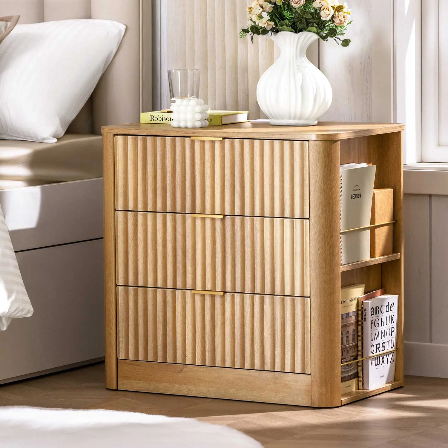 SIKAIC Fluted Nightstand - Natural Oak Flat-Top Narrow Accessible Child-Friendly Bedside Table with Charging Station, USB Ports & Outlets, Modern Storage for Bedroom Furniture, Nightstands, Narrow Nightstand