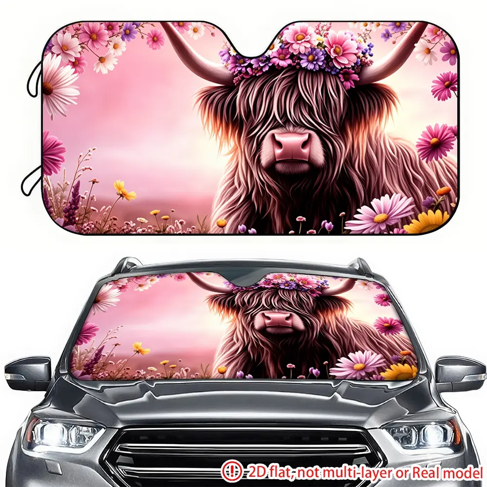 1pc pink highland cow wearing flower wreath car sun visor 2D printing, car sun visor effectively blocks sunlight, suitable for front windshield decoration of trucks, SUVs, Sun Shade For Car Window, Car Sunshades For Windshield