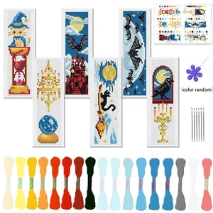 6counts set of cute magic world theme Cross Stitch Bookmarks handmade DIY Kit,  crystal ball, magic cat and crow patterns,  suitable for adult beginners, manual sewing enthusiasts and book readers, unique Halloween decorations and campus gifts