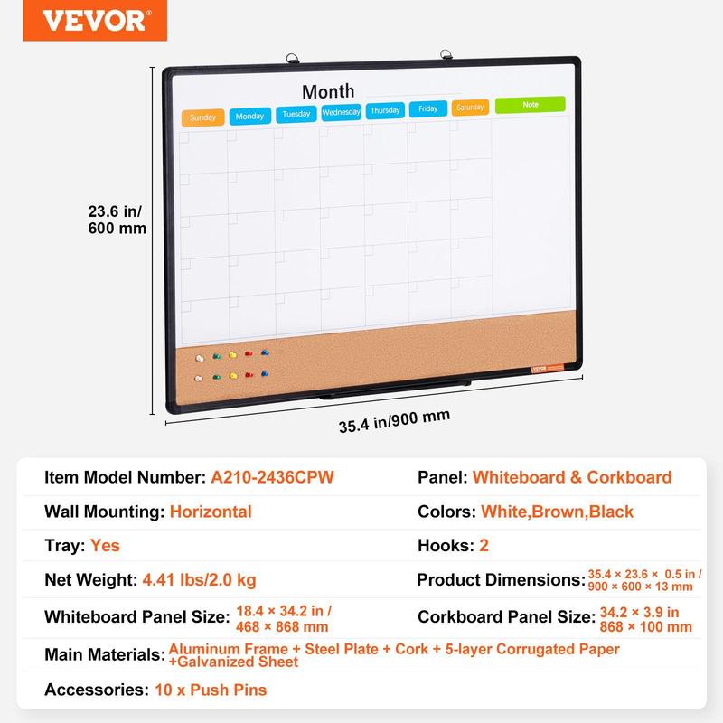 VEVOR 36"x 24" Monthly Calendar Whiteboard & Cork Board Combo with Aluminum Frame – 2-in-1 Magnetic Dry Erase Bulletin Board for Wall Mount – Ideal for School,  , Home, Office