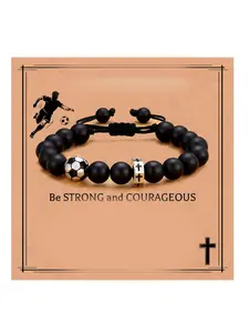 Black Frosted Cross Bracelet, Football Baseball Hexagonal Faith Bracelet, Black Woven Rope Sports Bracelet