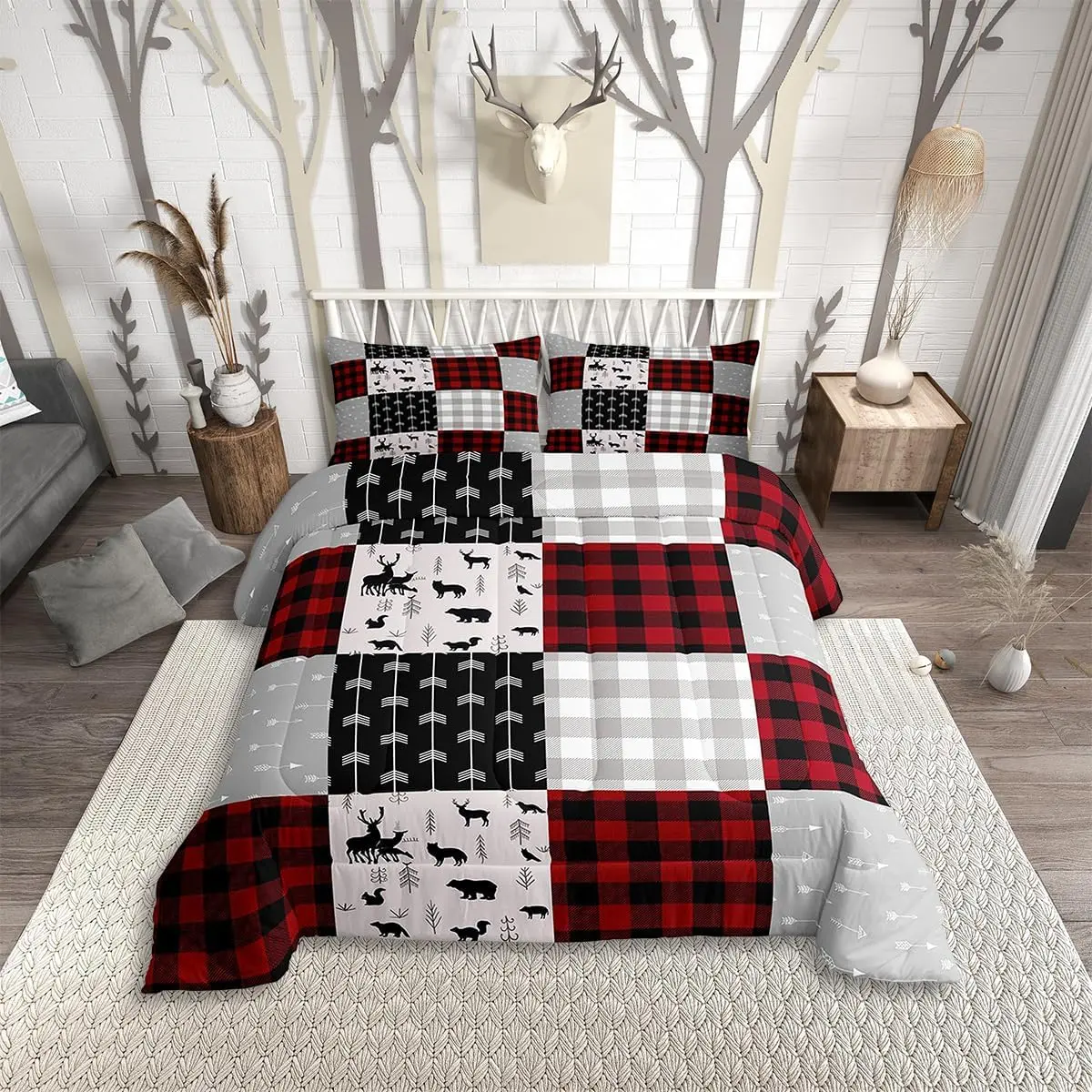 Feelyou Soft Warm Bedding Woodland Microfiber Duvet Set - Polyester Quilt Cover with Animal (Moose, Deer, Bear) Buffalo Plaid, All-Season Cozy Setup, Machine-Washable, Queen-Size, RV & Camping Travel-Ready