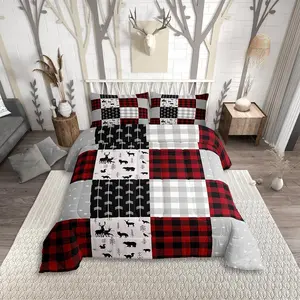Buffalo Plaid Comforter Set for Boys Girls,Woodland Moose Bedding Set,Vintage Deer Bear Duvet Sets,Buffalo Plaid Farm Animal Quilted Duvet