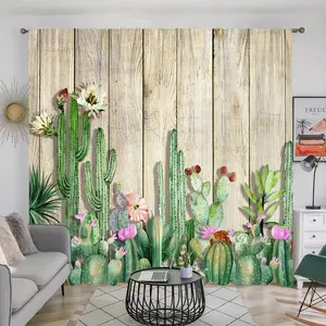 Cactus Plant Pattern Door Curtain, 2 Counts Rustic Wooden Board Background Printing Curtain, Home Decor for Bedroom, Living Room, Study, Bathroom, Kitchen