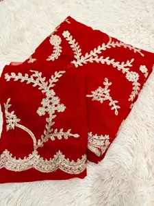 Red Bridal Georgette Saree with Golden Sequence Kashida Work