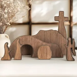 Empty Tomb Easter Scene and Cross Decoration, Wooden Jesus Resurrection Nativity Set, Religious Christian Tabletop Decor for Home Office