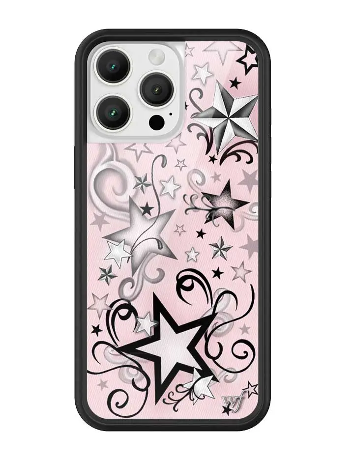 Star Tatts | Limited Edition Trendy iPhone Case | Raised Protective Black Bumper | Women Owned Small Business | Pretty Pink Background Black and White Star Print Patterns Background | Safety Casing Protective | Gift for Her