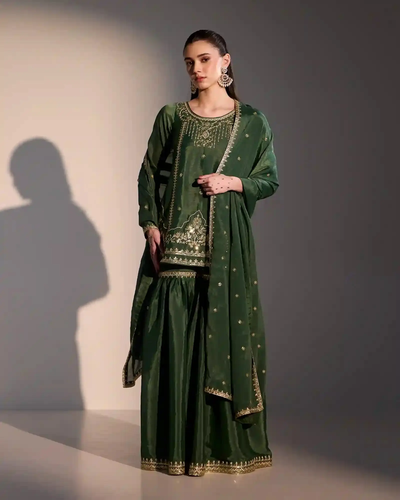 Women's Traditional Ethnic Kira Olive Green Chiffon Gharara Suit, Shimmer Style Clothes, Elegant, Evening, Statement, Straight Cut