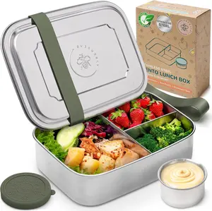 EVERUSELY Stainless Steel Nontoxic Lunch Box - Sage, 60oz/1.8L 3-Compartment Portion-Controlled Leak-Free Freezeable Lunch Box with Condiment Container, Dishwasher Safe for On-the-Go Meals, Nontoxic Lunch Boxes, Compartments Lunch Boxes