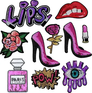 10 count Purple Sequin Iron on Patches DIY Embroidered Patches Lips Lipstick High Heel Pow Sew on Applique Glitter Patch Clothing Repair Patch for Woman Garment Bag Caps Decor