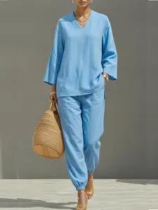Women's 2026 Chic Aesthetic Minimalist Casual Lazy Style Solid Color Oversized Shirt Two Piece Set 3/4 Sleeve Ankle Length Wide Leg All Season Daily OOTD Matching Outfit
